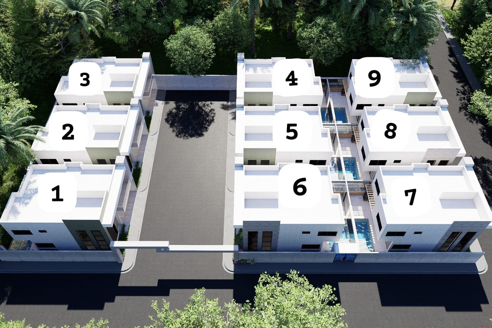 Vista aérea del residencial con las 9 villas numeradas